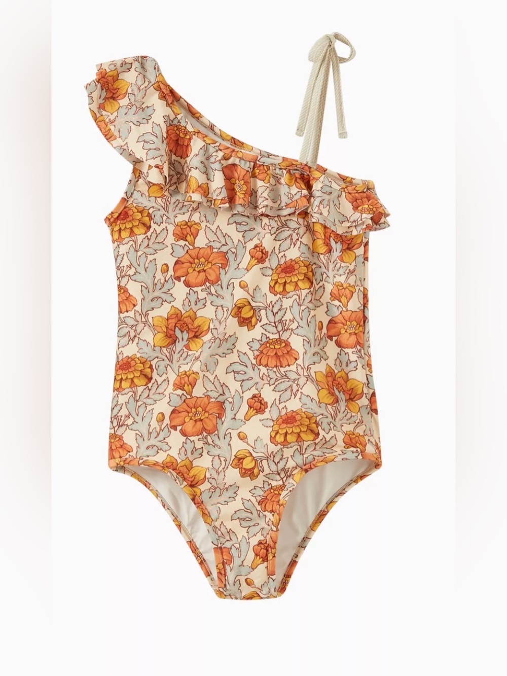 Zimmermann One-Shoulder Floral Girls' Swimsuit in Cream and Orange - size 6